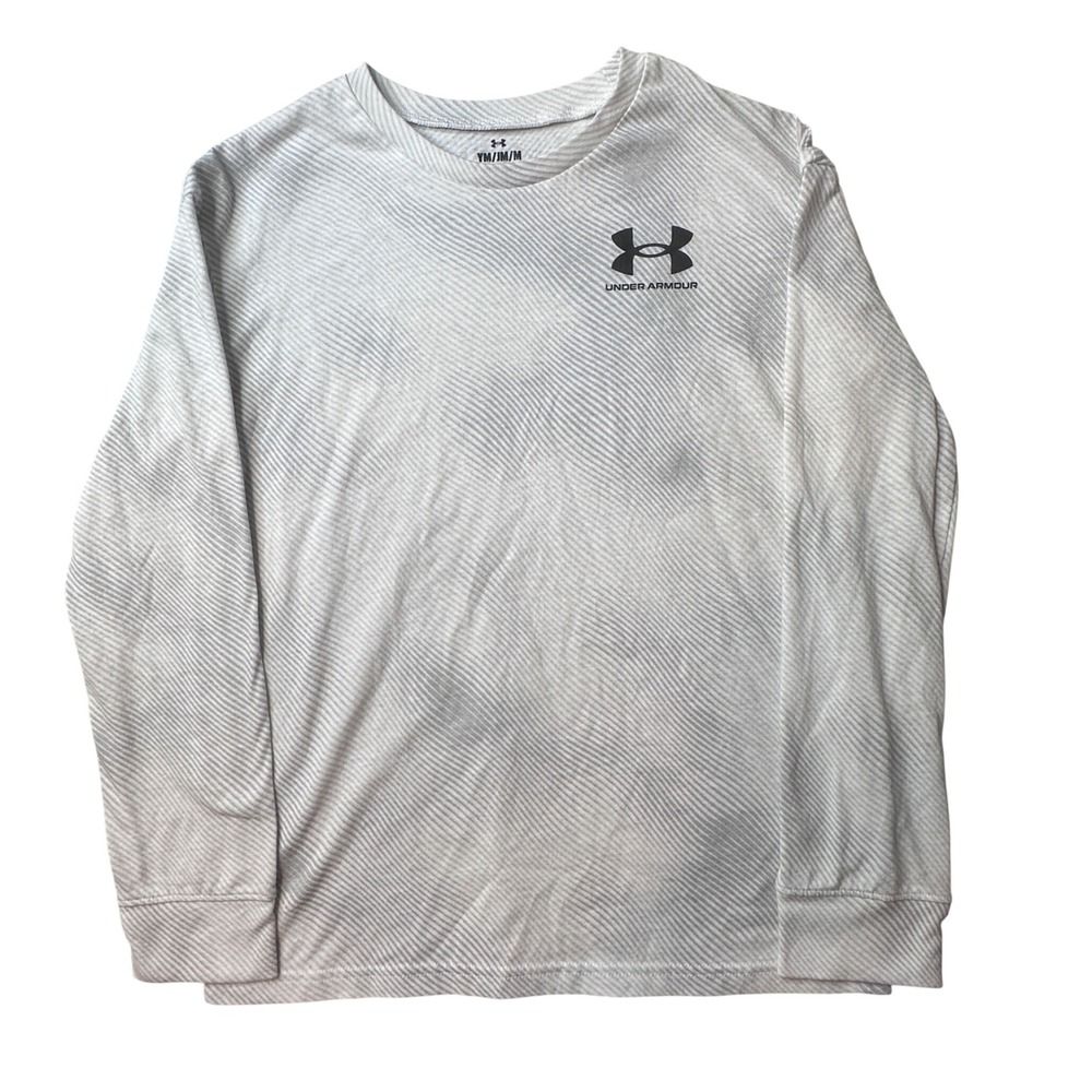Under Armour Shirt Kids M Gray Stripe 1380044‎ FW 2023 Long Sleeve Loose Fit Tee